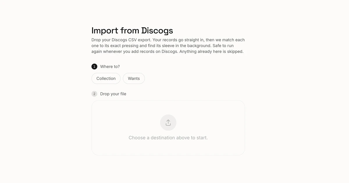 The Import from Discogs screen, choosing Collection or Wants