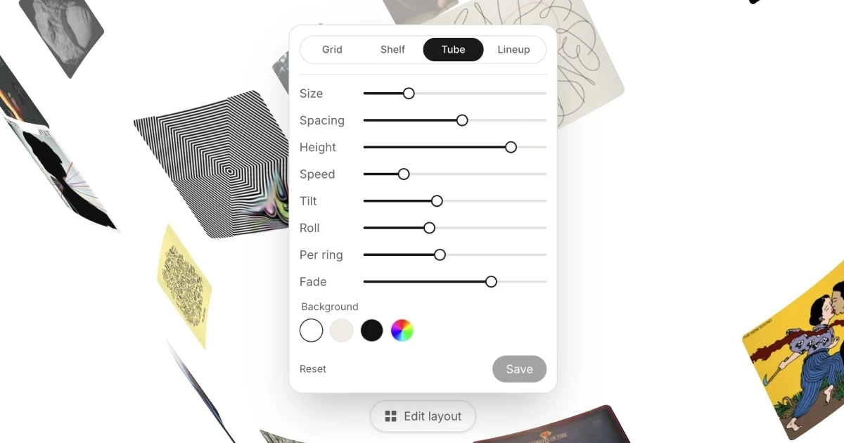 The Edit layout panel on a profile, set to Tube
