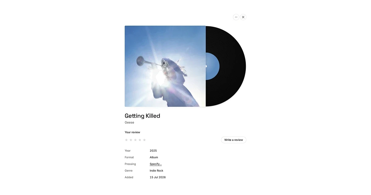 A record open, with its review, details and the Specify… link next to Pressing